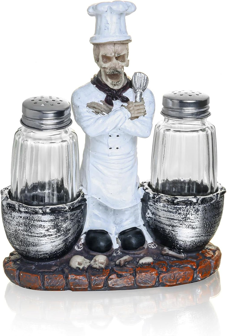 Decorative Salt and Pepper Shakers Set - Resin Skeleton Chef Figurine And Statues - Farmhouse Kitchen DéCor with Glass Spice Jars