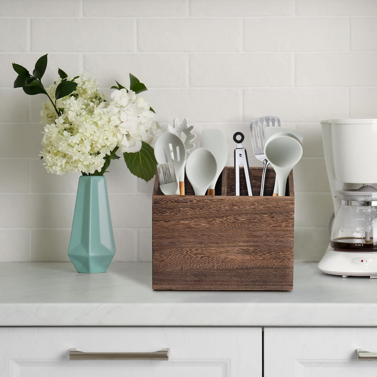 Wooden Kitchen Utensil Caddy With 2 Compartments