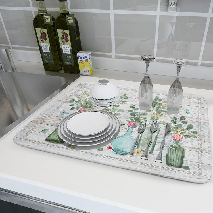 Fern Leaf Vase Dish Drying Mat 18x24 Inch Eucalyptus Leaves Microfiber Absorbent Dish Drainer Mat Reversible Drying Pad for Kitchen Counter Sink