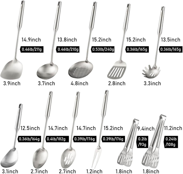 18/10 Stainless Steel Kitchen Utensils Set - 15” All Metal Cooking Tools, 11PCS - 2 Tongs, Fork, Solid Spoon, Slotted Spoon, Spatula, Soup Ladle, Skimmer, Slotted Spatula, Spaghetti Spoon, Large Spoon
