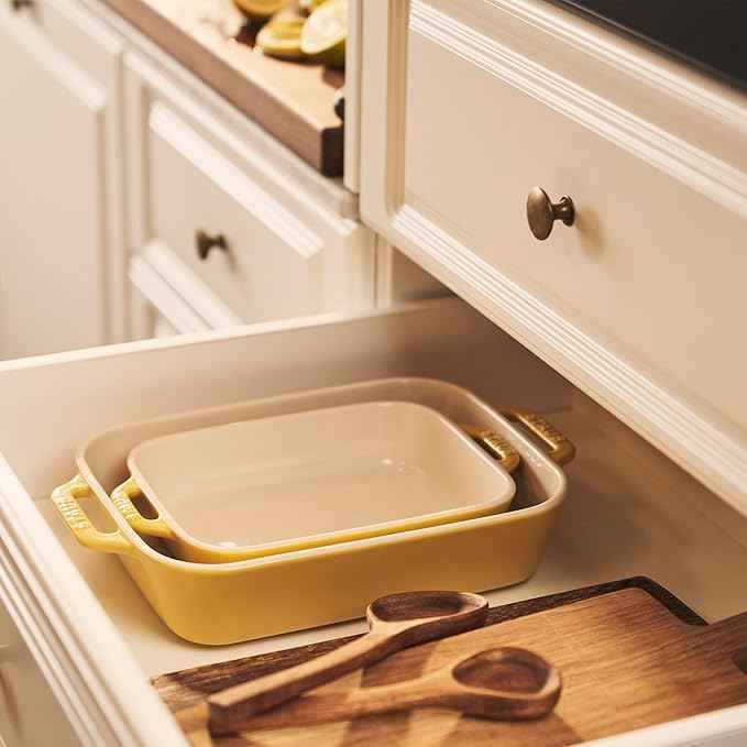STAUB Ceramic Rectangular Baking Dish Set, Casserole Dish, 2-Piece, Citron