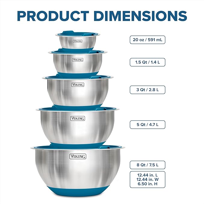 Viking Mixing Bowls Set, 10 Piece Stainless Steel Kitchen Cookware, Non-Slip Silicone Base, Includes Tight Fit Lids, Dishwasher Safe, Teal