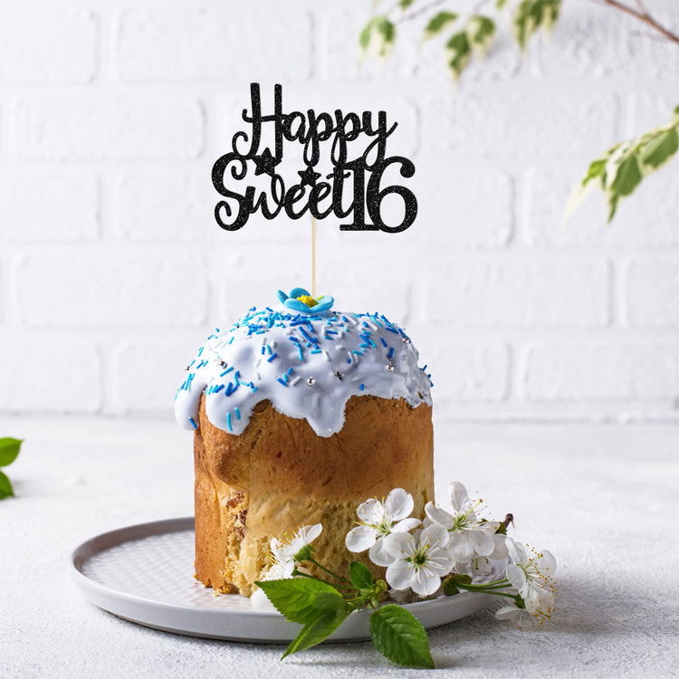 1Pc Happy Sweet 16 Cake Topper Glitter 16th Birthday Cake Pick for Cheers to 16 Years Old 16th Birthday Party Cake Decorations Supplies Black