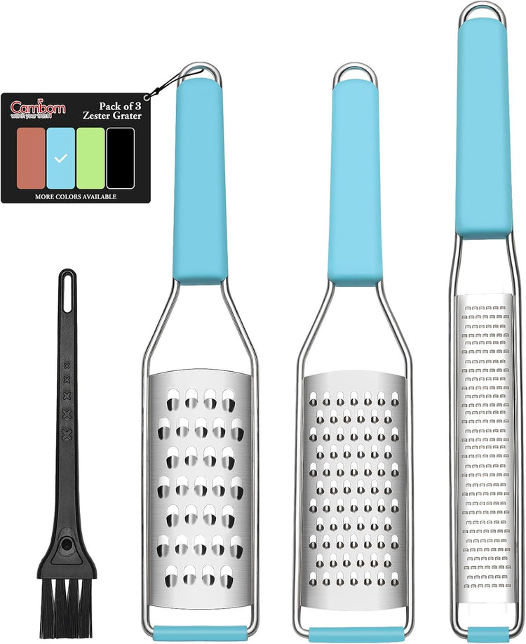 Cambom Lemon Zester Grater Three-piece Suit - Heavy Duty Kitchen Tool for Parmesan Cheese, Ginger, Garlic, Nutmeg, Chocolate, Vegetables,Fruits,Stainless Steel Grater Dishwasher Safe Blue
