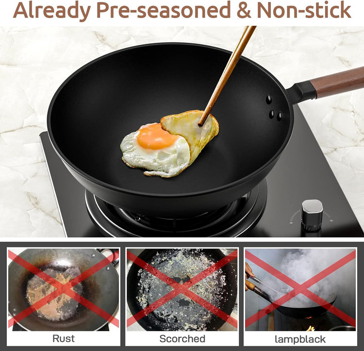Carbon Steel Wok, 13-Inch, Pre-Seasoned, Non-Stick, with Lid and Spatula, Flat Bottom, Ideal for Stovetop Cooking