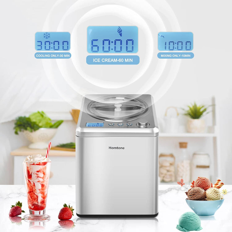 Homtone 2.64 QT Ice Cream Maker, No pre-Freezing & Large Capacity Automatic Ice Cream Machine with Compressor, Easy Operate & Clean, Keep Cooling for 2H, All Stainless Steel, LCD Digital Display