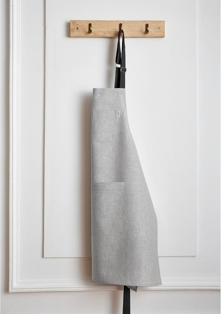 Solino Home Linen Kitchen Apron for Men & Women - 100% Pure Linen Light Grey/Black Bib Apron with Front Pockets - Handcrafted from European Flax