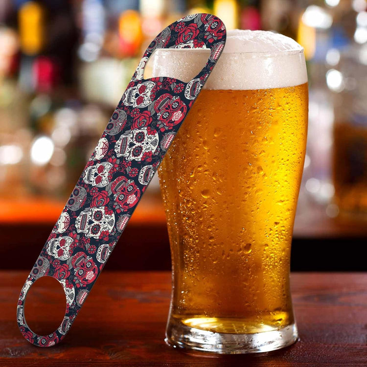 Skull and Flowers Stainless Steel Bottle Opener Day of The Dead Skull Red Peony Rock Roll Fashion Style Flat Beer Bottle Opener Keychain for Home Kitchen Bar Restaurant Party Birthday Gift