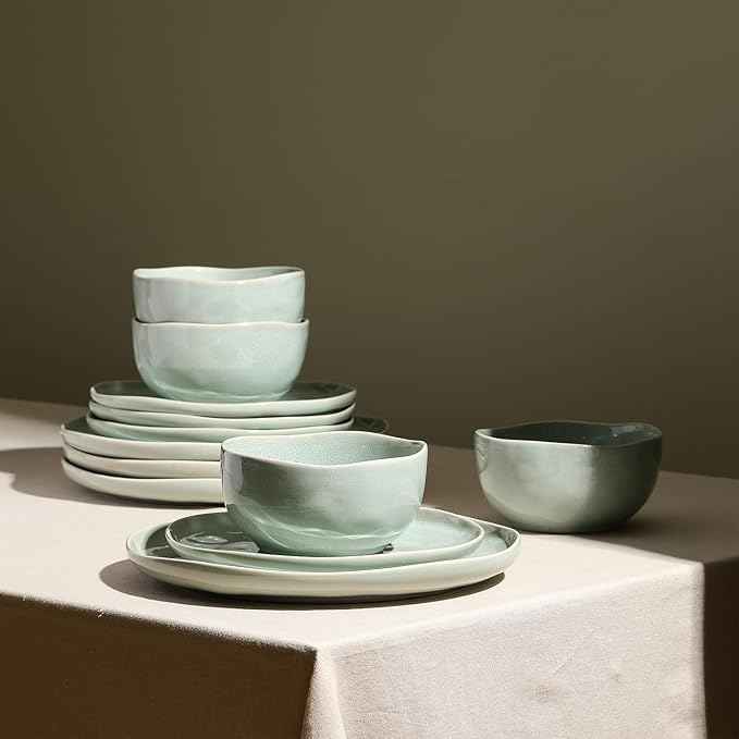 Stone Lain Mirella 12-Piece Stoneware Dinnerware Set for 4 – Reactive Glaze Light Green – Includes Dinner Plates, Salad Plates & Deep Bowls – Organic Modern Design, Microwave & Dishwasher Safe