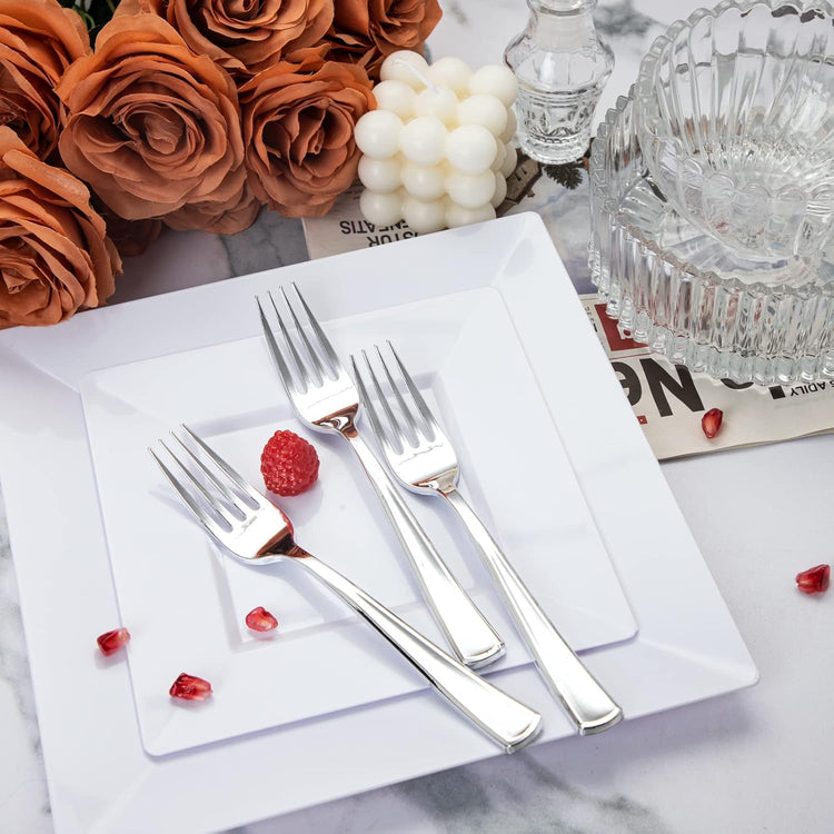 Liacere 200Pcs Silver Plastic Cutlery-Silver Plastic Silverware- Disposable Plastic Silverware - 100 Silver Forks, 50 Silver Spoons, 50 Silver Knives Perfect for Wedding&Valentine's Day