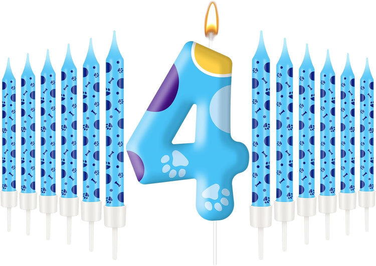 13PCS Blue Dog Paw Birthday Candles Set Cake Topper Numeral Birthday Candles for Boy Girl Dog Paw Decoration(Number 4)