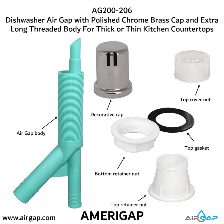 Dishwasher Air Gap with Skirted Polished Chrome Brass Cap and Extra Long Threaded Body for Thick or Thin Kitchen Countertops