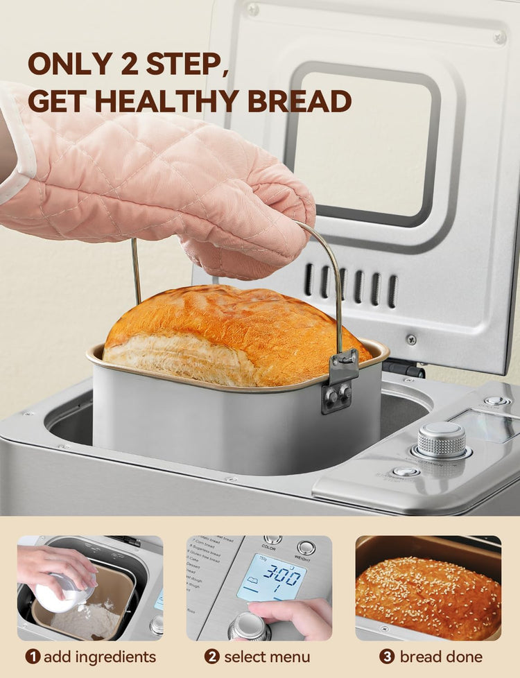 Neretva Bread Maker, 20-IN-1 2LB Bread Machine Dual Heater Bread Maker Machine Automatic with Nonstick Ceramic Pan, 15H Timer & 1H Keep Warm Set, Low Noise, Stainless Steel Breadmaker Recipe-Silver