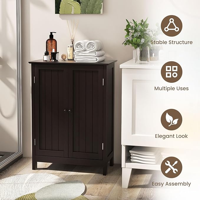 COSTWAY Bathroom Storage Cabinet, Freestanding Bathroom Organizers and Storage with Doors & Adjustable Shelf, Wooden Floor Cabinet for Home, Living Room, Entryway, Kitchen (Brown)