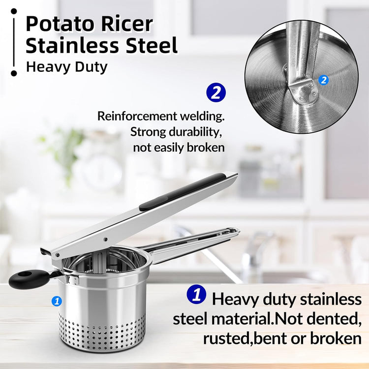 SPEENSUN Potato Ricer, Large 15 oz Potato Masher Make Fluffy Mashed Potatoes With Extra Hole, Heavy Duty Potato Ricer Stainless Steel, Comfort Non-slip Silicone Handle Ricer For Mashed Potatoes