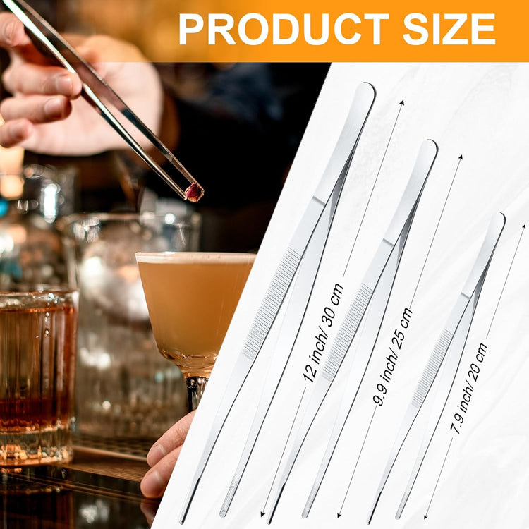 Yaomiao 4 Packs 10 Inch Bar Tweezers Silver Long Garnish Tongs Stainless Steel Kitchen Cooking Tongs Tweezers for Food Cocktail Korean BBQ Bartender Chef, Multi-use