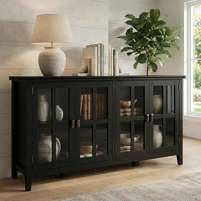 SIMPLIHOME Artisan SOLID WOOD 66 Inch Wide Contemporary Wide 4 Door Storage Cabinet in Black, For the Living Room, Entryway and Family Room