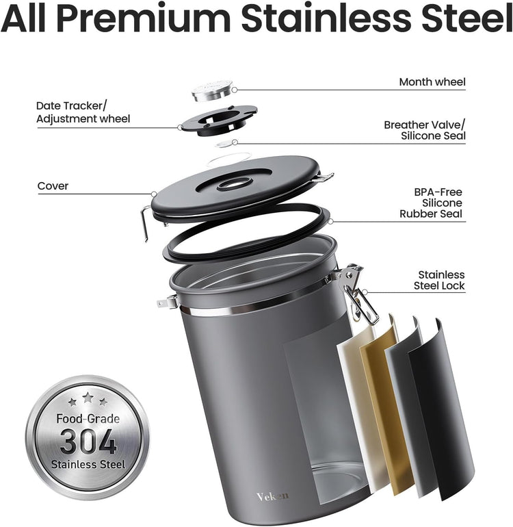 Veken Coffee Canister, 39OZ Large, Airtight Stainless Steel Food Storage Container for 2.2lbs Coffee Beans, Ground, Sugar, Tea, Flour, Rice, Cereal, Cookies Jars, Bar Accessories & Gifts, Gray