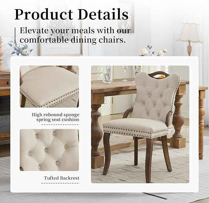 Beige Velvet Dining Chairs Set of 6,Modern Upholstered Dining Room Chairs with Tufted Back and Wood Accents, Curved Solid Wood Legs & Nailhead Trim, Sillas De Comedor Modernas 6