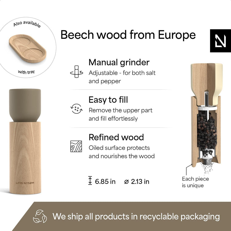 LARS NYSØM Wooden Salt and Pepper Grinder Set Manual - Salt and Pepper Mills with Adjustable Ceramic Grinder - Elegant Beechwood Pepper and Salt Mill Set for Dining Table (Brown/Beige)