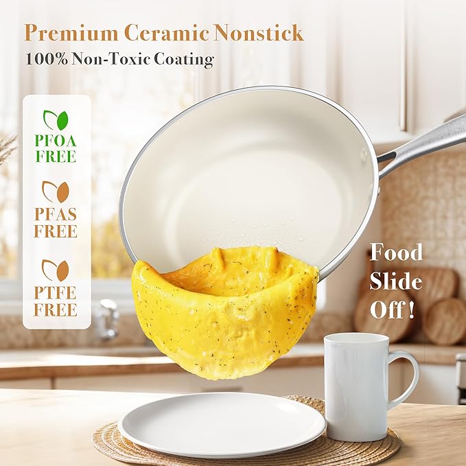 PekGema Ceramic Pots and Pans Set, 16 Pcs Cookware Set Non Toxic, Nonstick Kitchen Cookware, Oven Safe Cooking Pan Set, PFAS PTFE PFOA FREE,Compatible with All Cooktops, comfortable handle.Cream White