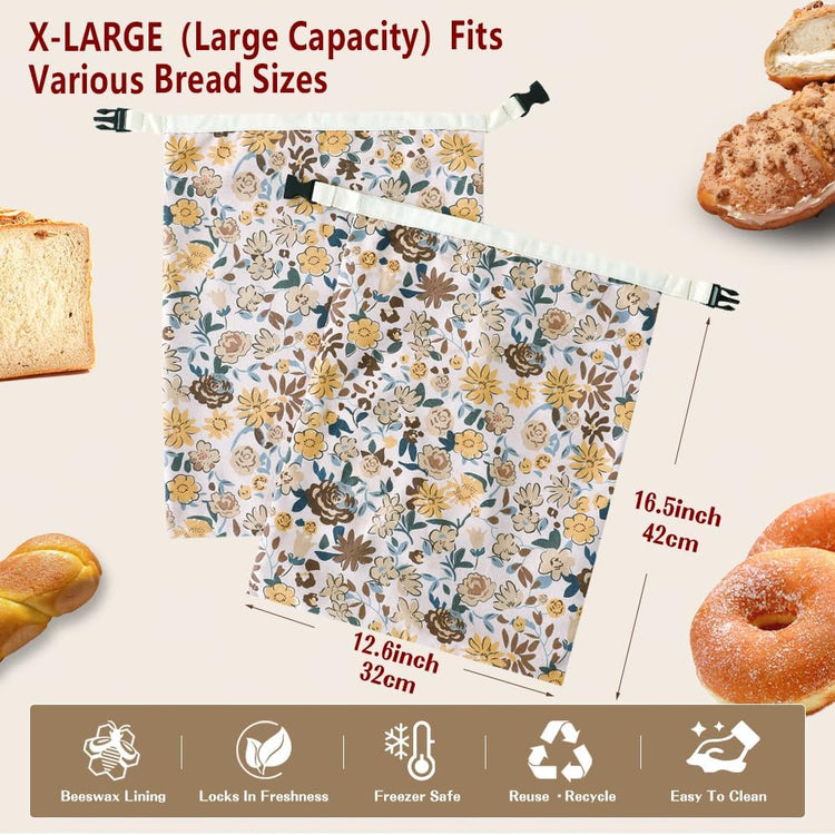 Bread Bags for Homemade bread,2 Pack Sourdough Bread Bags,Beeswax Bread Bags for Bourdough,Reusable Bread Storage
