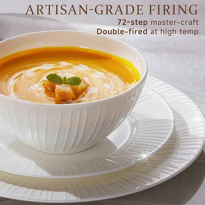 KINGSTONE Bone China Dinnerware Set, 18-Piece White Lightweight Porcelain with Textured Design Service for 6, Plates, Bowls, for Family Dining, Restaurants, Gifting,Microwave and Dishwasher Safe