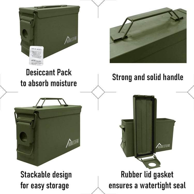 HOMESTEAD 30 Cal Metal Ammo Cans – 4 Pack M19A1 Military Steel Storage Boxes, Airtight & Water-Resistant Containers for Ammunition or Tools, Green Color