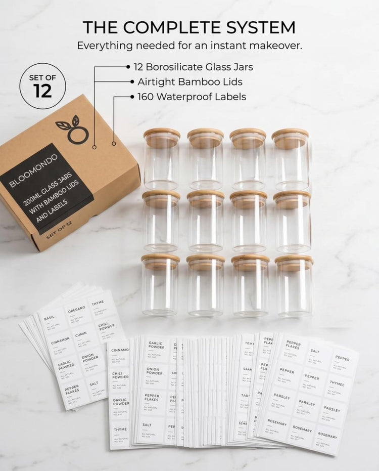 Glass Spice Jars with Label Pack (12 Count)