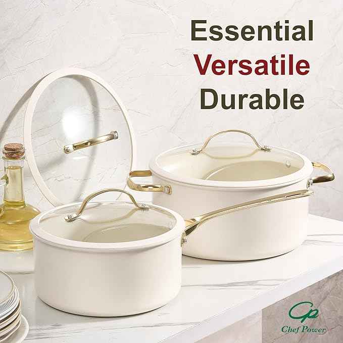 Chef Power Ceramic Cookware Sets, 15Pcs Pots and Pans Set Non Stick, Cookware Set with Stainless Steel Handle, Dishwasher & Oven Safe, Cream White and Light Gold Handle