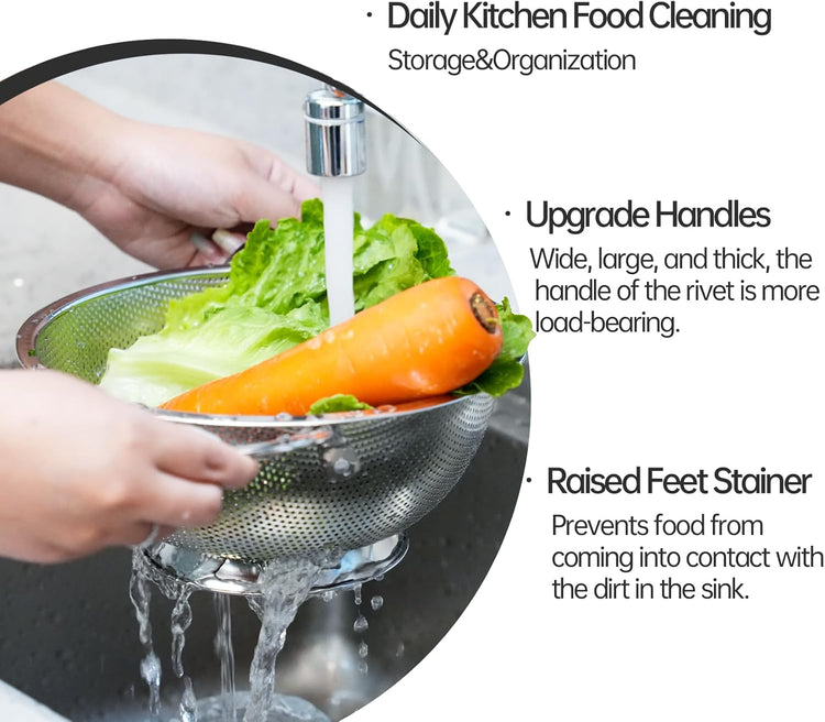 Premium Stainless Steel Colander for Kitchen, Food Strainer Basket with Handle and Solid Ring Base for Fruits Vegetables Rice and Pasta, Dishwasher Safe (5QT)