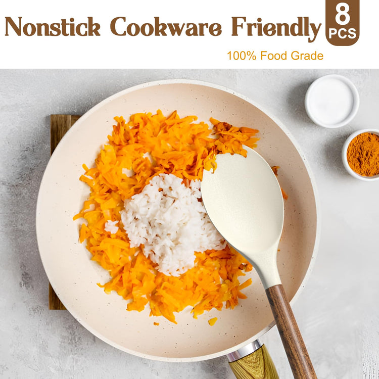 Non Stick Silicone Kitchen Utensils Set with Natural Acacia Hard Wood Handle (8 Count)
