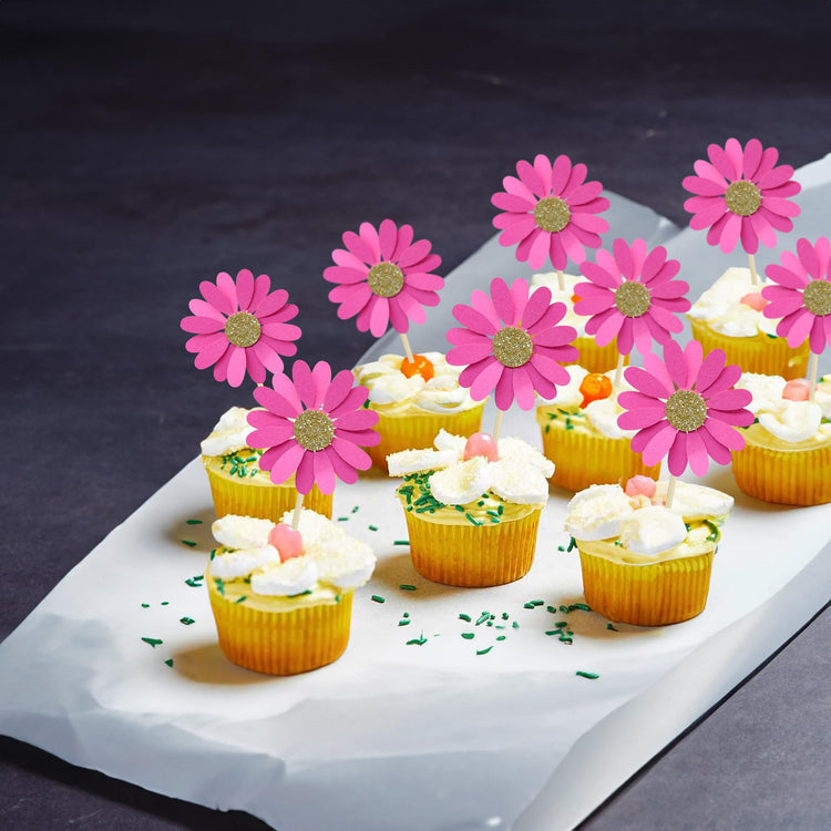 24Pcs Daisy Cupcake Toppers Flower Cake Topper Decorations Daisy Cake Decorations Chrysanthemum Cupcake Toppers Spring Daisy Flower Cake Picks for Birthday Wedding Supplies Rose Red (24 Count)