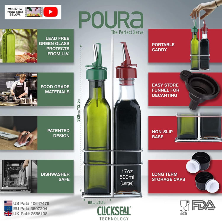 Poura Vinegar and Olive Oil Bottle Drizzler Set with Unique ClickSeal Pour Spouts | Glass Oil & Vinegar Dispenser Bottles for Cooking Kitchen Dining | Hygienic Covers + Silicone Decanter Funnel 500ml