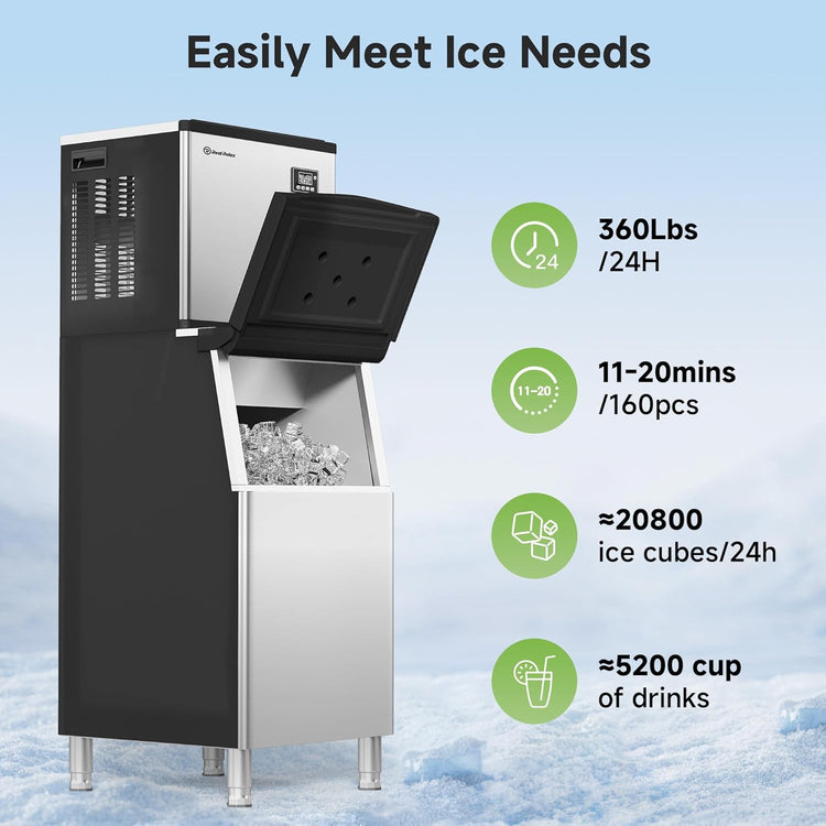 Real Relax Commercial Ice Machine 360LBS/24H, ETL Approved Industrial Ice Maker Machine with 200 LBS Storage Bin, Ice Scoop, Auto Self-Cleaning, LCD Display for Restaurant Bar Café