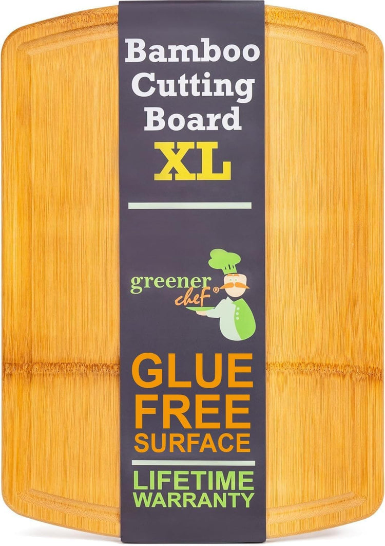 FSC-Certified Extra Large Bamboo Cutting Board Featuring 18 Inch Glue-Free Surface™ – XL, Non-Toxic Wooden Board for Family Kitchens, Butcher Block Style Food Prep with Lifetime Replacements