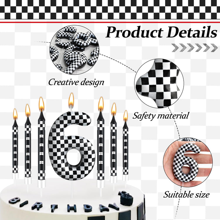 13 Pcs Racing Cars Themed Birthday Candles 12 Black and White Race Number 6 Checkered Candle Cake Topper for Racing Car Party Decoration Supplies (13 Count)