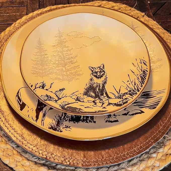Paseo Road White Pine 16 Piece Ceramic Dinnerware Set, Pine Tree Bear Deer Moose Fox Print, Modern Rustic Cabin Lodge Dish Set with Plates, Bowls, Mugs