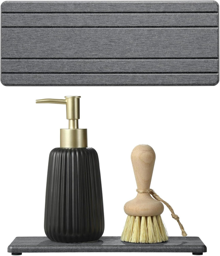 2PCS Diatomite Quick Stone Drying Tray Mat For Bathroom & Kitchen Counter, Instant Dry Water Absorbent Drink Bar Coaster,Vanity Sink Caddy Organizer,Dish Soap Sponge Holder, Dark Gray,9"x3.5"