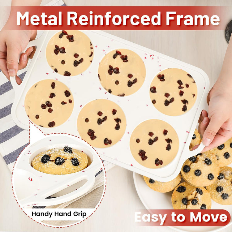 CAKETIME Jumbo Muffin Pan, Metal Reinforced Frame 3.5 Inch Large Silicone Cupcake Pan 6 Cups Large Muffin Pan with Handle Nonstick Jumbo Muffin Tin for Baking Giant Homemade Muffins, Frittatas 1 Pack