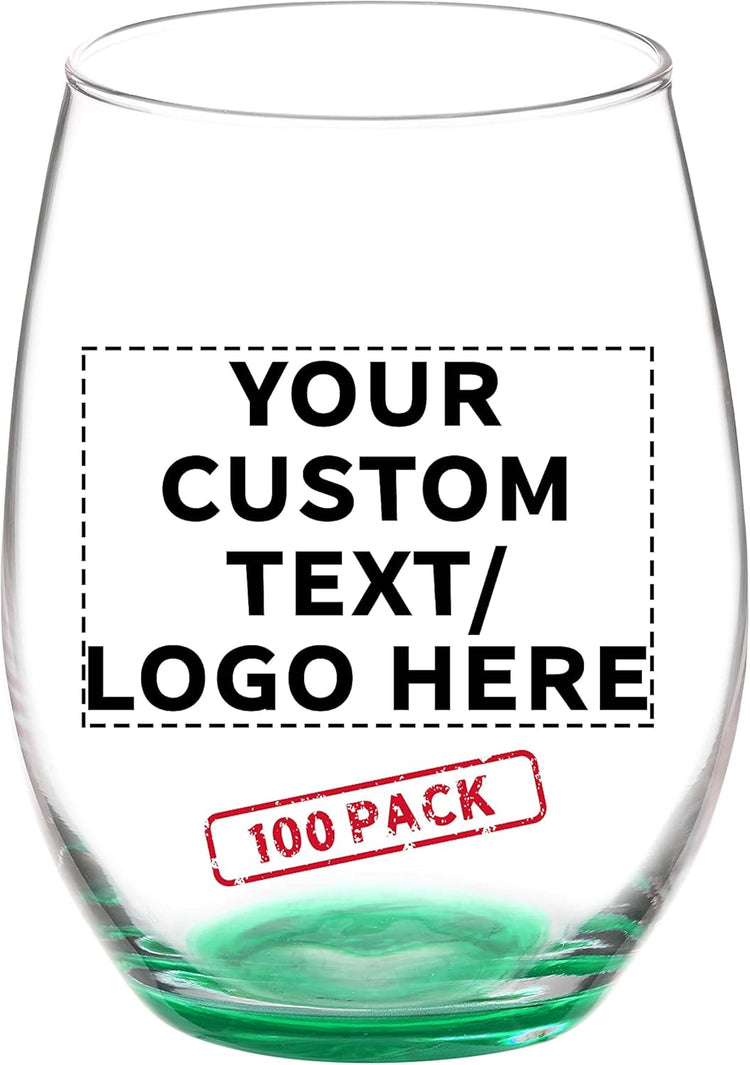 DISCOUNT PROMOS 100 ARC Stemless Wine Glasses Set, 21 oz. - Customizable Text, Logo - Chardonnay, Cabernet, Merlot, Sauvignon - Green