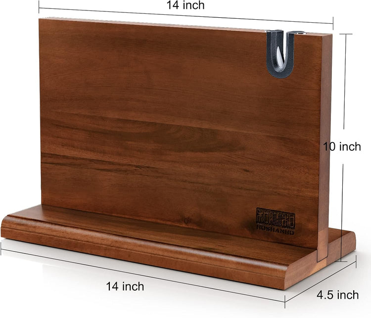 Magnetic Knife Block 14 x 10 Inches, Double Sided Magnetic Knife Holder Rack for Kitchen Counter, Acacia Wood Magnetic Knife Storage Stand with Knife Sharpener