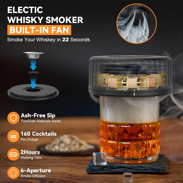 Whiskey Smoker Kit - Built-in Electric Lighter (No Butane)Drink Smoker, 6 Wood Chip Flavors, Rechargeable Cocktail Smoker Kit, Birthday Bourbon Whiskey Gift, Suitable for Men, Dad, Husband.