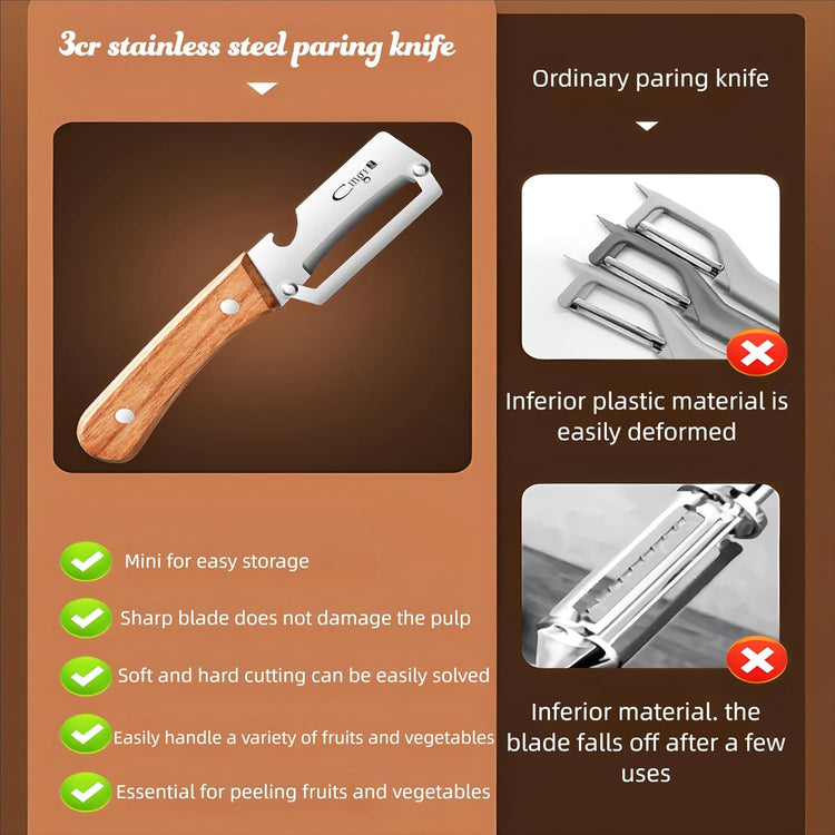 Premium Vegetable Peeler with Wooden Handle and Bottle Opener Stainless Steel Blade Kitchen Tool for Fruit Apple Potato Pumpkin Papaya Zucchini
