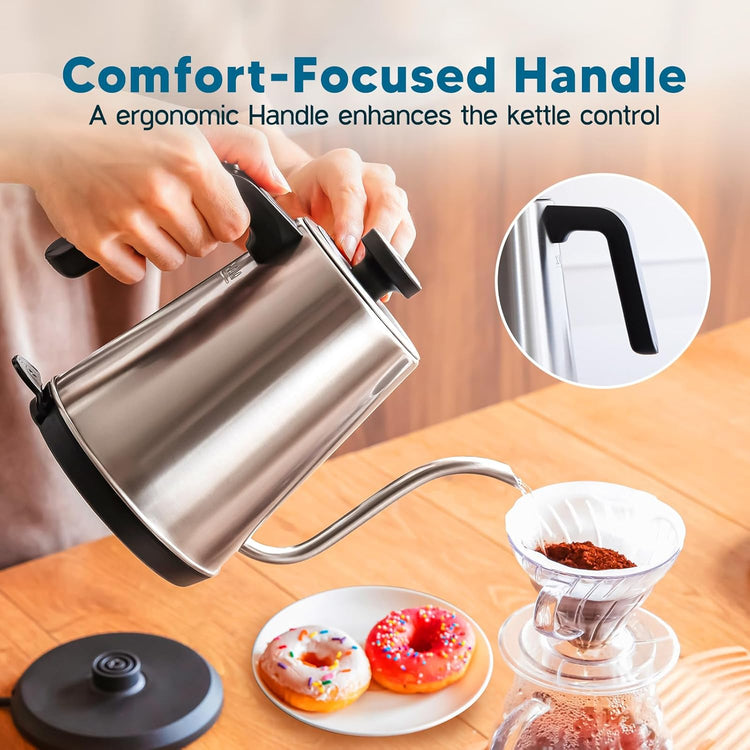 Nueve&Five Gooseneck Electric Kettle with Thermometer,Electric Tea Kettle 1L with Auto Shut-Off,1000W Hot Water Kettle of Stainless Steel,Pour Over Kettle for Coffee & Tea -Chrome