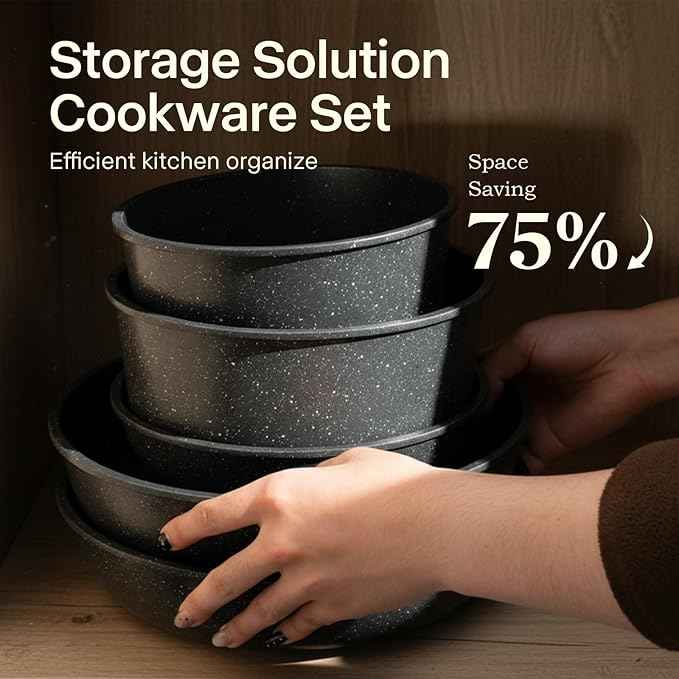 Pots and Pans Set Non Stick, Ceramic Cookware Sets 21 PCS, Granite Induction RV Kitchen Portable Stackable Cooking Set Removable Handles, Dishwasher & Oven Safe, Black