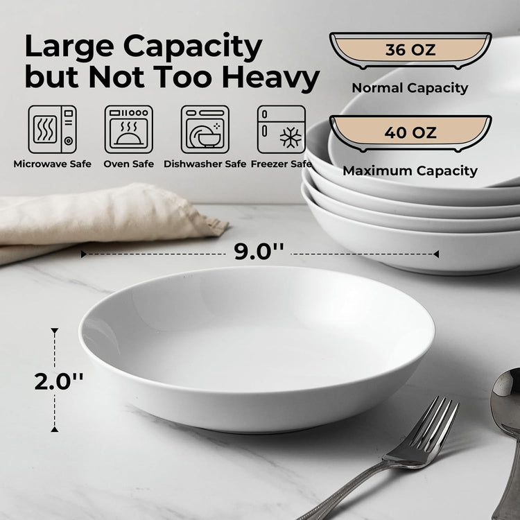 Y YHY 9" Pasta Bowls, 40oz Large Salad Bowls Set of 6, Wide Shallow Ceramic Bowls for Serving Soup, White Dinner Plates Set for Kitchen, Microwave Dishwasher Safe