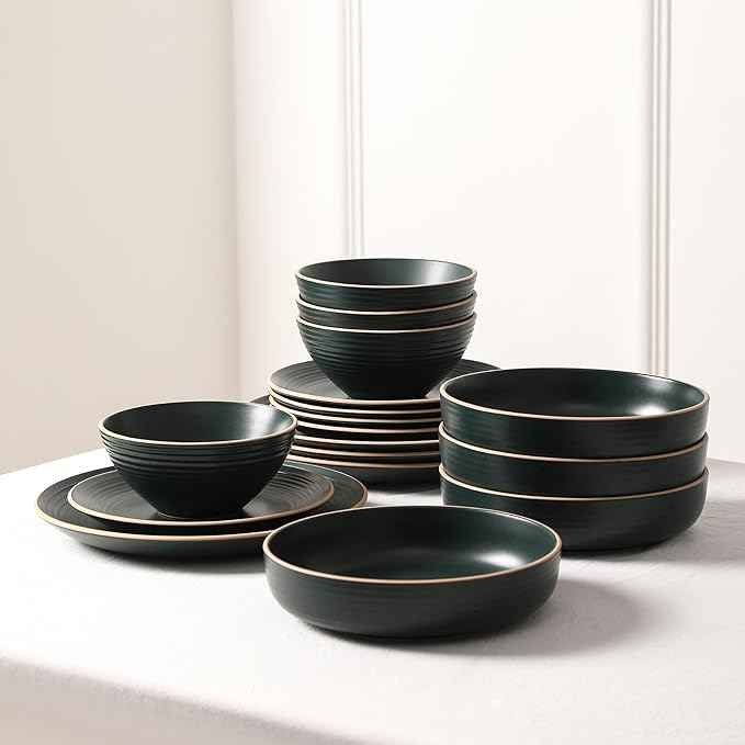 Stone Lain Lauren Modern Stoneware 32-piece Round Dinnerware Set, Plates and Bowls Set, Dish set for 8, Dark Green