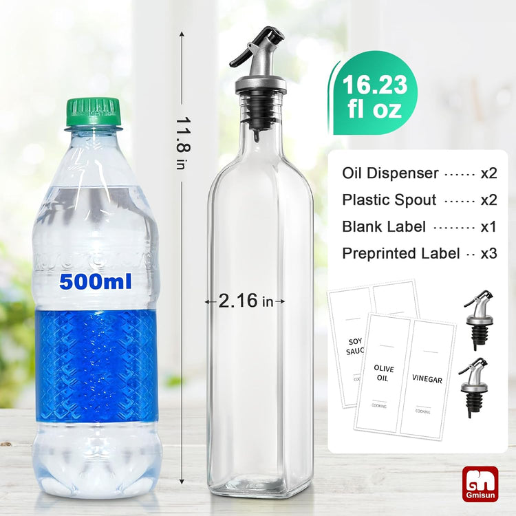 GMISUN Olive Oil and Vinegar Dispenser Bottle Set, 2Pack Oil and Vinegar Dispenser Bottle, 17oz Kitchen Oil Dispenser, Glass Cooking Oil Dispenser, Clear Glass Bottles for Oil with Funnel and Labels