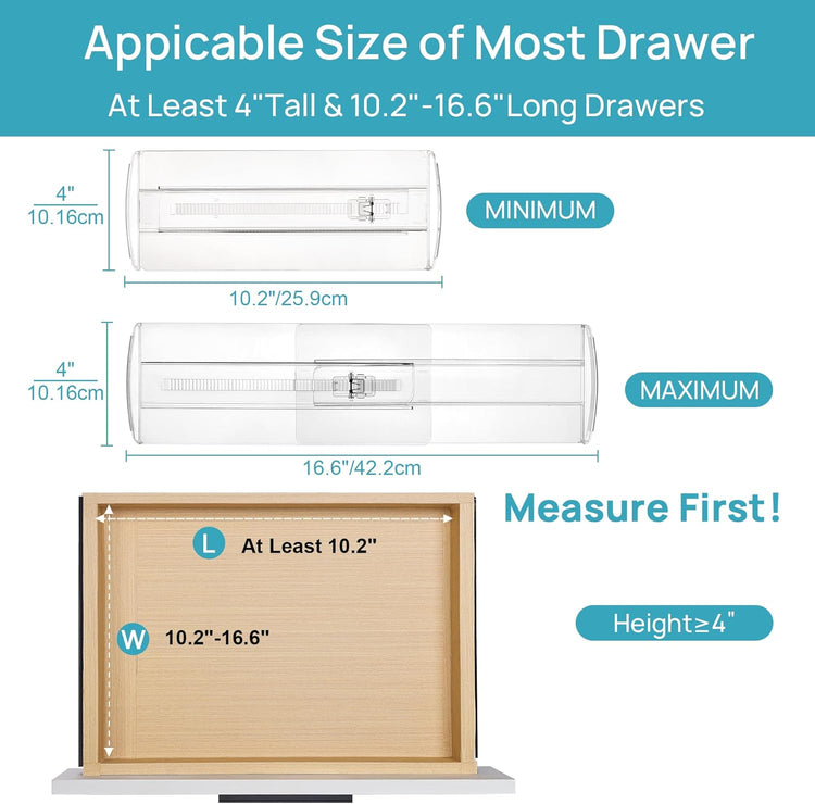 Vtopmart 4 Pack Drawer Dividers for Clothes, 4" High 10.2"-16.6" Adjustable Expandable Dresser Drawer Organizer, Clear Plastic Separators for Dresser, Baby Clothing, Underwear, Cosmetic, Toiletries